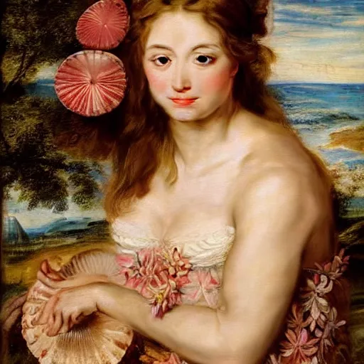 Image similar to an ultradetailed mythological oil painting of a beautiful woman with long brown hair, full body, wearing pink floral gown, lying asleep inside a giant scallop shell, near the seashore, intricate lines, elegant, renaissance style, by peter paul rubens