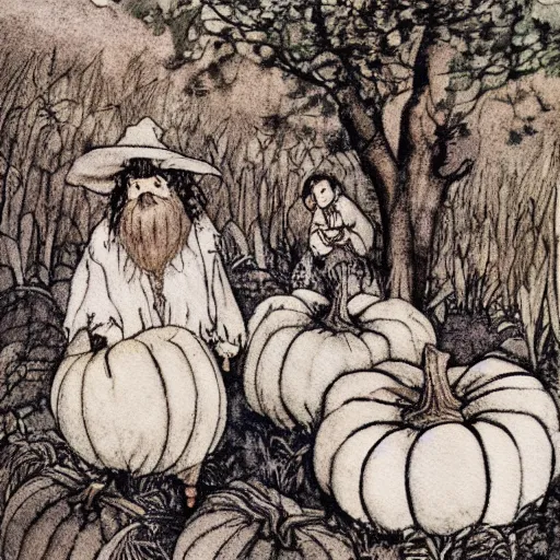 Image similar to a watercolor and ink illustration of hagrid and harry in a pumpkin patch by arthur rackham and edmund dulac