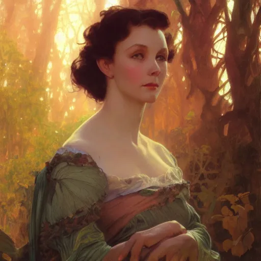 Image similar to a beautiful closeup portrait of a young vivian leigh, forest background, serene colors, dramatic light, gorgeous view, depth, high detail, digital art, painted by alphonse mucha and greg rutkowski, trending on artstation