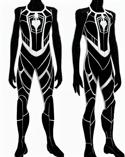 Image similar to black and white cyberpunk spiderman future foundation suit sleek greeble suit concept design