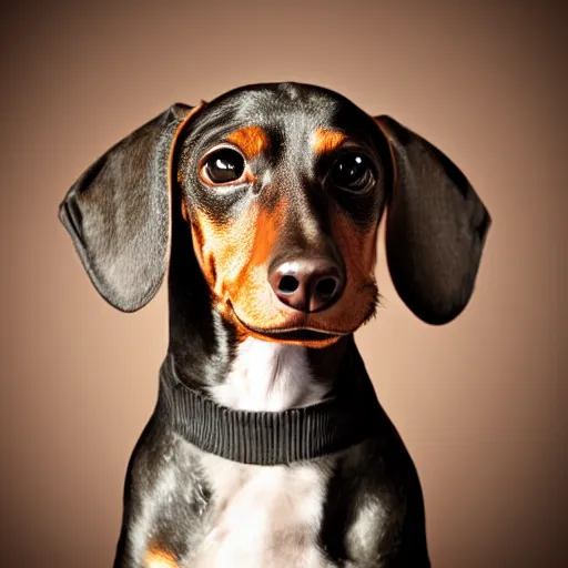 Image similar to portrait of a dachshund human hybrid, studio lighting, realistic, detailed