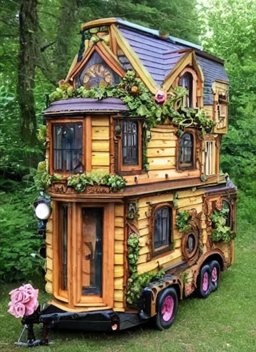 Prompt: steampunk tiny house in a forest with lush vegetation and a garden of roses. Detailed. Very very very detailed intricate.