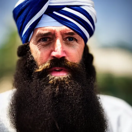 Image similar to a portrait of joe biden wearing a long beard and a turban joining the taliban, fine details, close up, 8 k photography, depth of field, bokeh. i