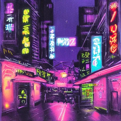 Prompt: neon noir night scene by arai yoshimune