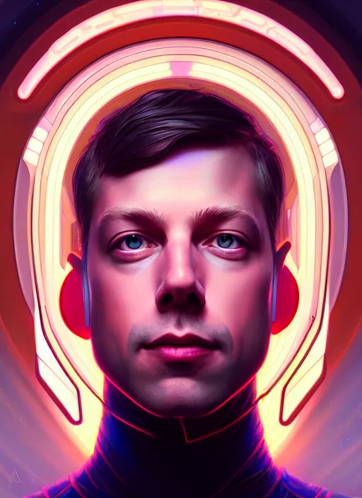 Image similar to symmetry portrait of steve huffman from reddit, sci - fi, tech wear, glowing lights intricate, elegant, highly detailed, digital painting, artstation, concept art, smooth, sharp focus, illustration, art by artgerm and greg rutkowski and alphonse mucha