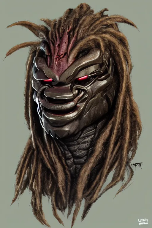 Image similar to predator 1 9 8 7 face redesign, portrait, highly detailed, dreadlocks, mandables, digital painting, trending on artstation, concept art, illustration