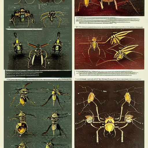 Image similar to detailed color technical schematics of robotic insectoids by da vinci