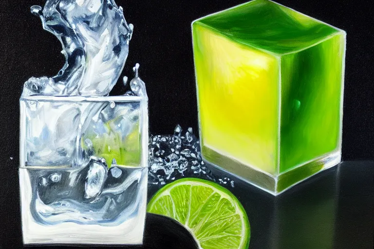 Image similar to award winning oil painting portrait of an ice cube starting to melt in the forefront surrounded by a lime wedge, an empty bottle of tequila and fallen salt shaker. black background