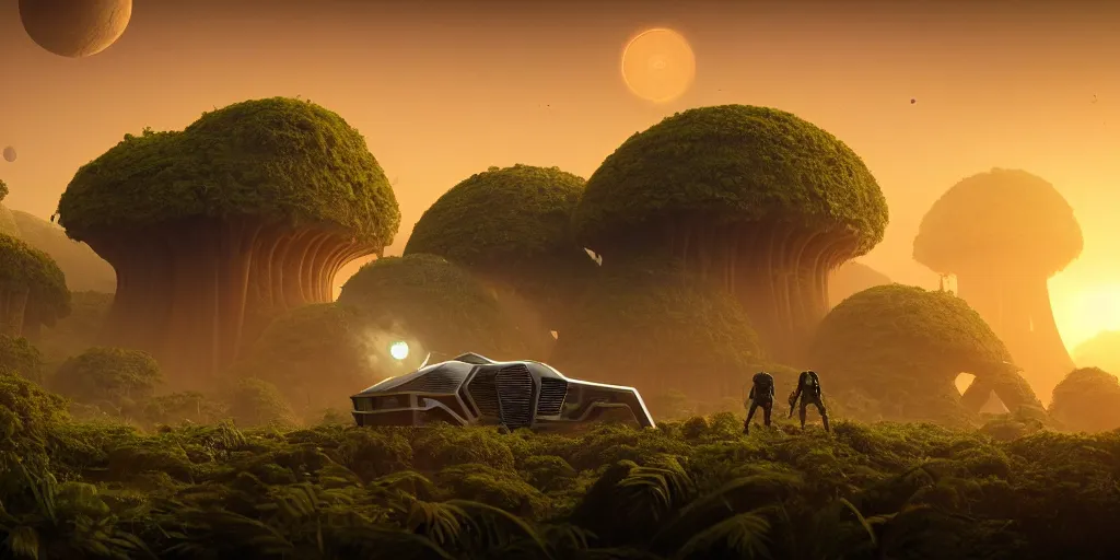 Image similar to a huge futuristic rusty old alien spaceship, next to it a smaller exploration vehicle on a landing pad, surrounded by a lush alien jungle, in the foreground two explorers are arguing next to tiny animals!!, (the animals are walking around), sunset, volumetric light, hyperdetailed, artstation, cgsociety, 8k