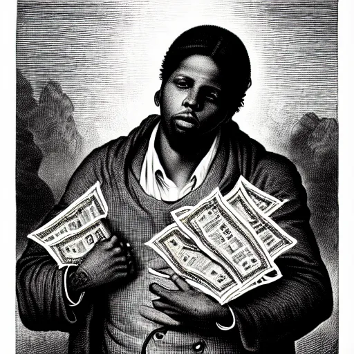 Prompt: lil durk rapper holding stacks of cash, biblical image, style of gustave dore, highly detailed, beautiful, high contrast, black and white