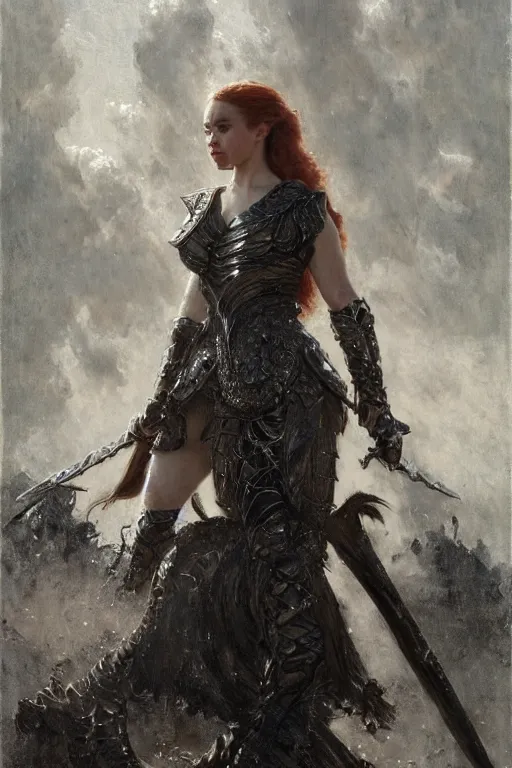 Image similar to redhead emilia clarke wearing black and silver ornamented armour, bare legs, detailed, by gaston bussiere, bayard wu, greg rutkowski, giger, maxim verehin, greg rutkowski, masterpiece, sharp focus, cinematic lightning