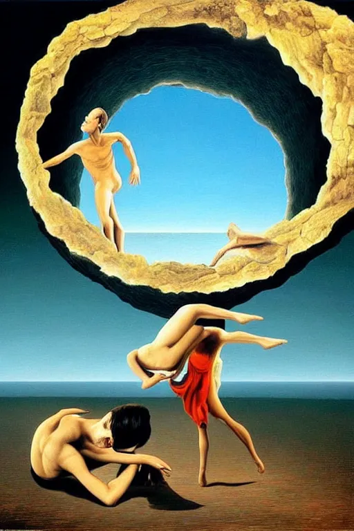 Image similar to optical illusion painting of a couple dancing in a worm hole, illusionism, look twice, mind blow, by leandro erlich and salvador dali, detailed