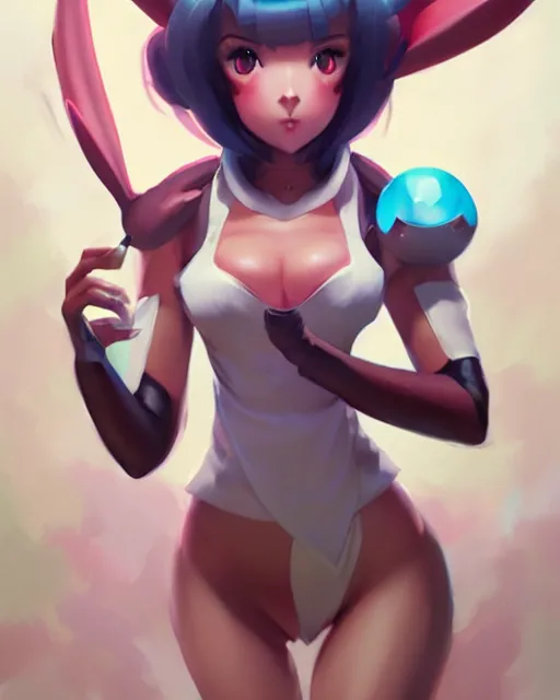 Image similar to photo of eevee pokecmon humanisation, by greg rutkowski, rossdraws, gil elvgren, enoch bolles, glossy skin, pearlescent, anime, very coherent