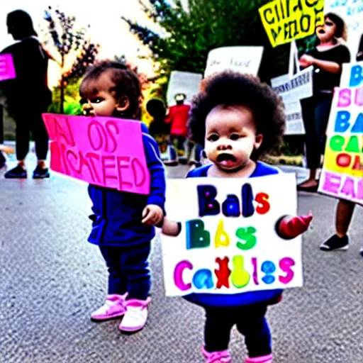 Image similar to babies protesting in front of a daycare center