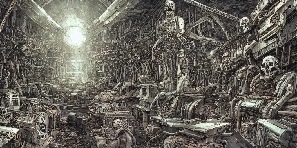 Image similar to comic alchemy, cybernetics, sci - fi, book page, post apocalyptic, wall of skulls, vision of ezekiel, enhanced quality, unreal engine