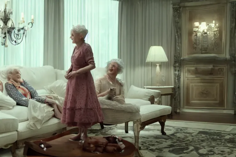 Prompt: VFX movie of happy old women served by humanoid assistant robot in a decadent living room by Emmanuel Lubezki