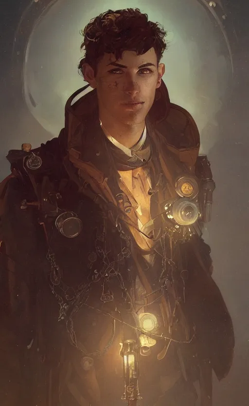 Image similar to Portrait of a steampunk young man, science fiction, highly detailed, digital painting, artstation, concept art, illustration, art by Greg Rutkowski and alphonse mucha