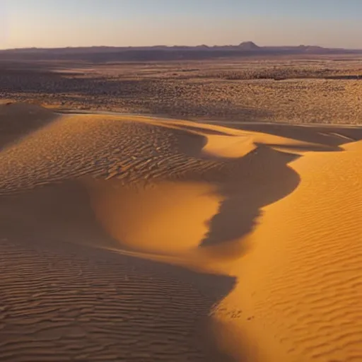 Prompt: a scene in the desert and sand dunes, soft light shines in from the left, there is a large orange glass dome with a glowing alien city inside. the view is from above