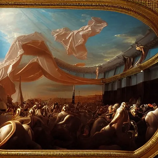 Image similar to sci fi car transport design organic smooth elastic forms 30% of canvas; wall structure on the coronation of napoleon painting 40% of canvas; by Jacques-Louis David, pinterest keyshot product render, cloudy plastic ceramic material shiny gloss water reflections, ultra high detail ultra realism, 4k