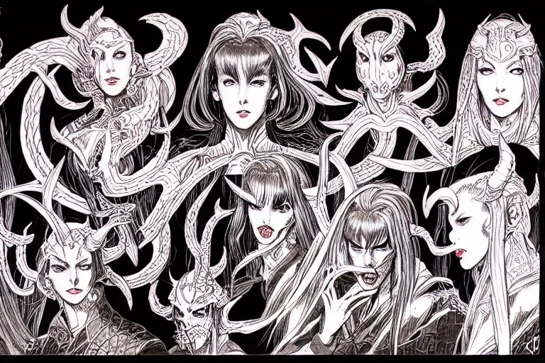 Image similar to study of a group of demons, character design sheet with intricate linework, in the style of moebius, ayami kojima, 9 0's anime, retro fantasy