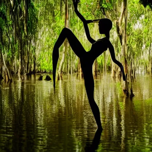 Image similar to a mannequin dancer in a mangrove swamp, cinematic light, beautiful dreamy lighting,