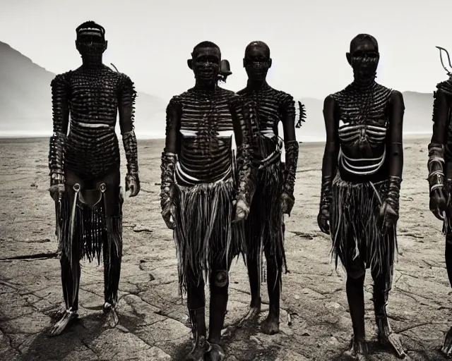 Image similar to a tribe of isolated cyborgs photographed by national geographic