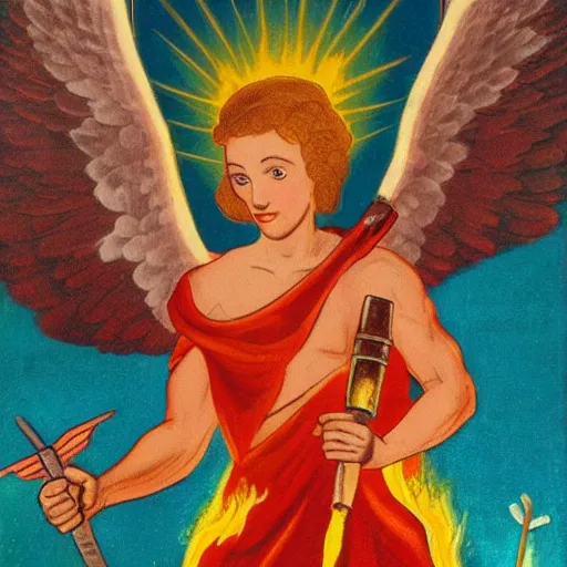 Prompt: propaganda piece featuring an angel holding a flaming sword, flying in the sky, health, strength, confidence