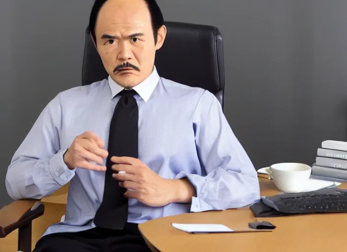 Prompt: heihachi mishima as a well dressed ceo sitting in an office photoshoot