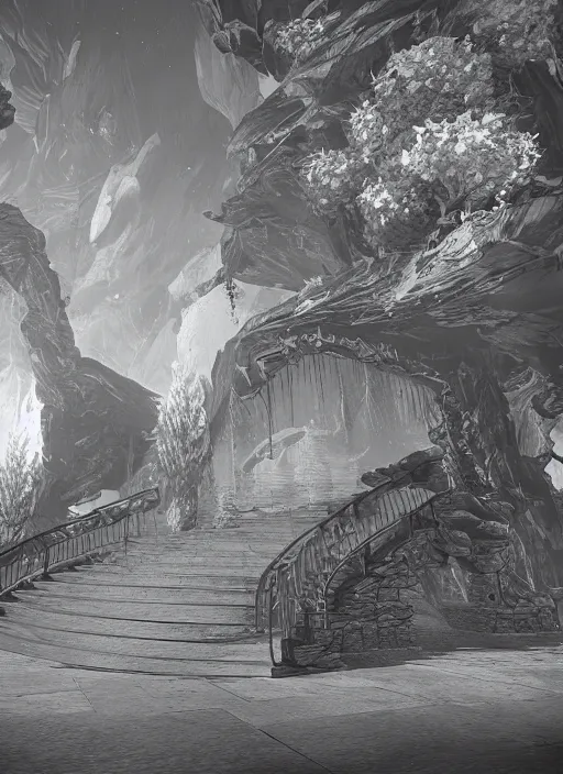 Prompt: ink illustration of the entrance to ethereal realm, rendered in unreal engine, central composition
