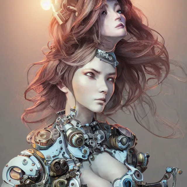 Image similar to the portrait of true neutral semi - colorful female cyborg mechanist as absurdly beautiful, gorgeous, elegant, young woman looking up, an ultrafine hyperdetailed illustration by kim jung gi, irakli nadar, intricate linework, bright colors, octopath traveler, final fantasy, unreal engine 5 highly rendered, global illumination, radiant light, detailed and intricate environment