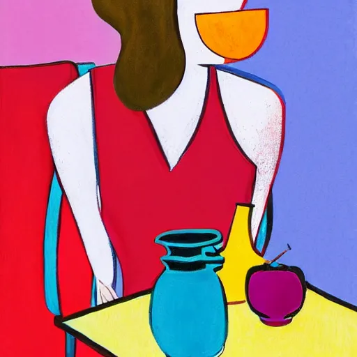 Image similar to beautiful lady, drinking tea, fruit basket, painting, abstract, clean shapes, print, litography pastel colors, ink lines, markus gunnar, konstfack