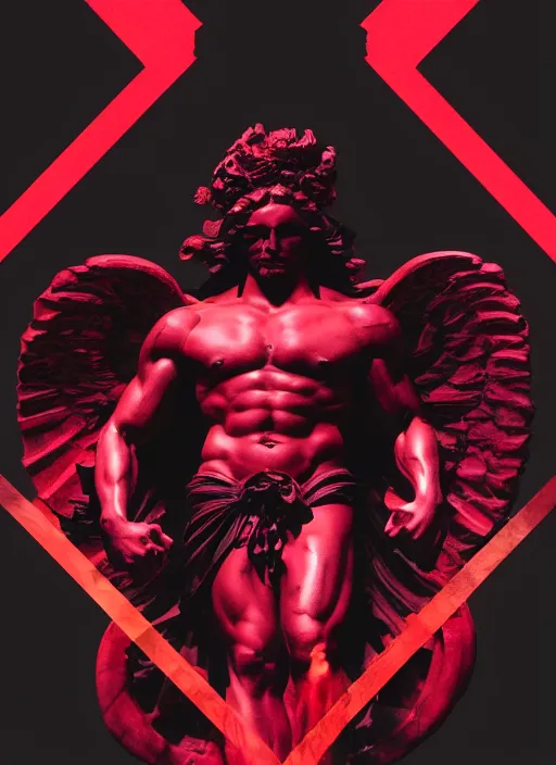 Image similar to dark design poster showing a statue of hercules, black background with very subtle red and purple design elements, powerful, nekro, guido crepax, graphic design, thin lines, dark, glitch art, neo vaporwave, gritty, layout frame, square, trending on artstation