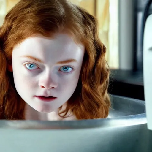 Prompt: sadie sink face popping out of a kitchen sink