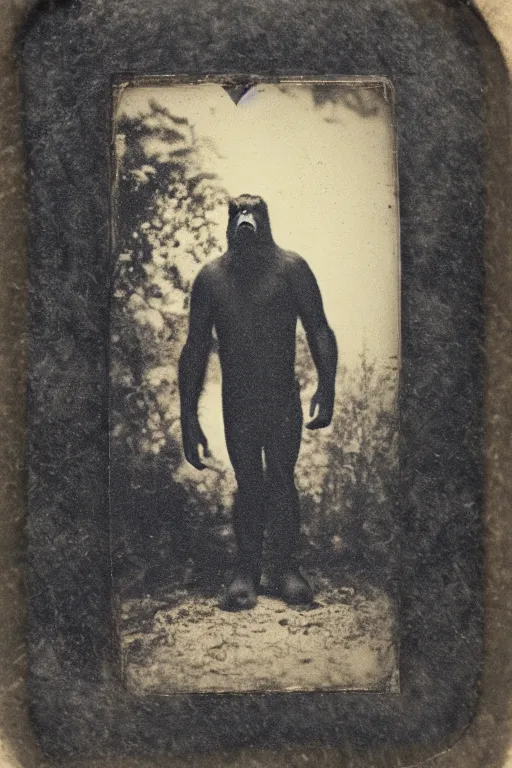 Prompt: a tintype photograph of bigfoot