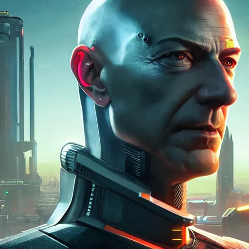 Prompt: front view, imposing, ominous portrait of cyborg Jeff Bezos as a cyberpunk 2077 loading screen, symmetry, front view, intricate, studio, art by anthony macbain + greg rutkowski + alphonse mucha, concept art, 4k, sharp focus