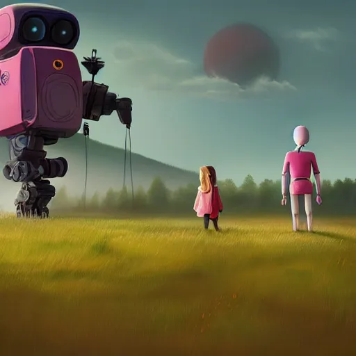 Image similar to a young girl and her tall humanoid robot going on a trip together, in a field, detailed, cinematic, cinematic lighting, by Simon Stalenhag