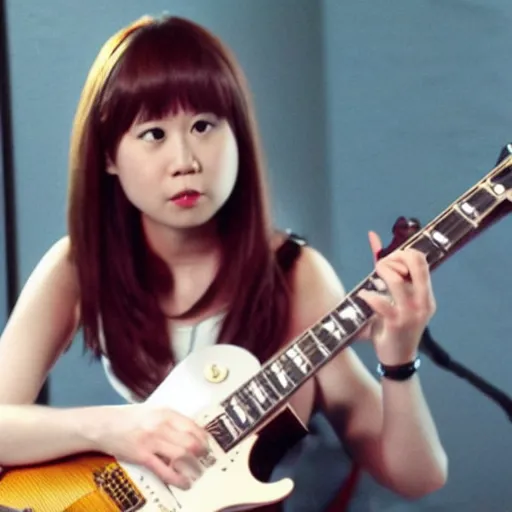 Prompt: real-life Yui Hirasawa playing with a Gibson Pre-'08 Les Paul Standard, a still of a Japanese music movie