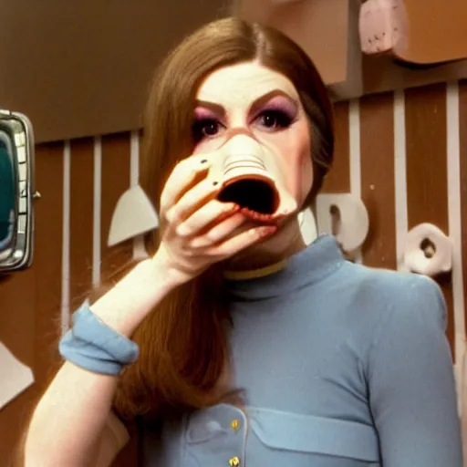 Image similar to 1972 woman on tv show with a long prosthetic snout nose, big nostrils, wearing overalls in the city 1972 color archival footage color film 16mm Fellini Almodovar John Waters Russ Meyer with hand puppet