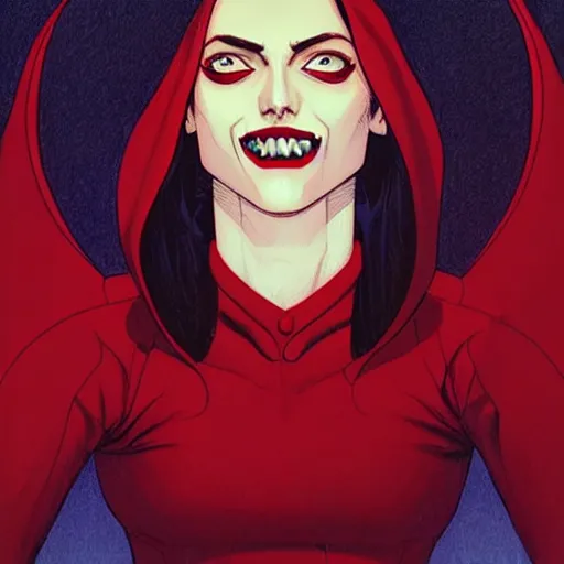 Image similar to Rafeal Albuquerque comic art, Joshua Middleton comic art, American Vampire comic art, pretty Phoebe Tonkin vampire open mouth smile sharp teeth, fully red eyes no pupils, horror, symmetrical face, symmetrical eyes, pretty white dress, short black hair, full body:: snow outside::