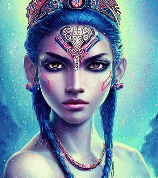 Image similar to beautiful intricate exquisite mayan princess realistic face, beautiful eyes, neon colors, drawing, in the style of greg rutkowski, fantasy, amazing detail, epic, intricate, elegant, smooth, sharp focus