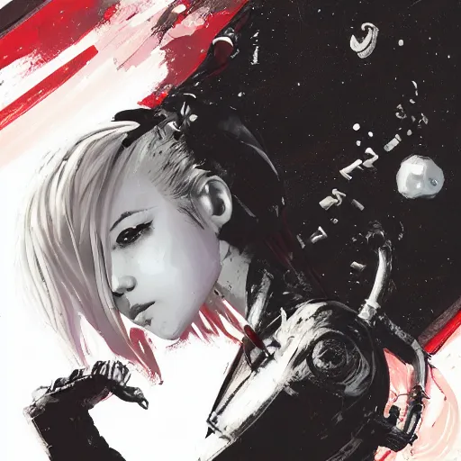 Prompt: highly detailed portrait of a young astronaut lady with blonde punk hair by Dustin Nguyen, Akihiko Yoshida, Greg Tocchini, Greg Rutkowski, Cliff Chiang, 4k resolution, nier:automata inspired, bravely default inspired, vibrant but dreary red, black and white color scheme!!! ((Space nebula background))