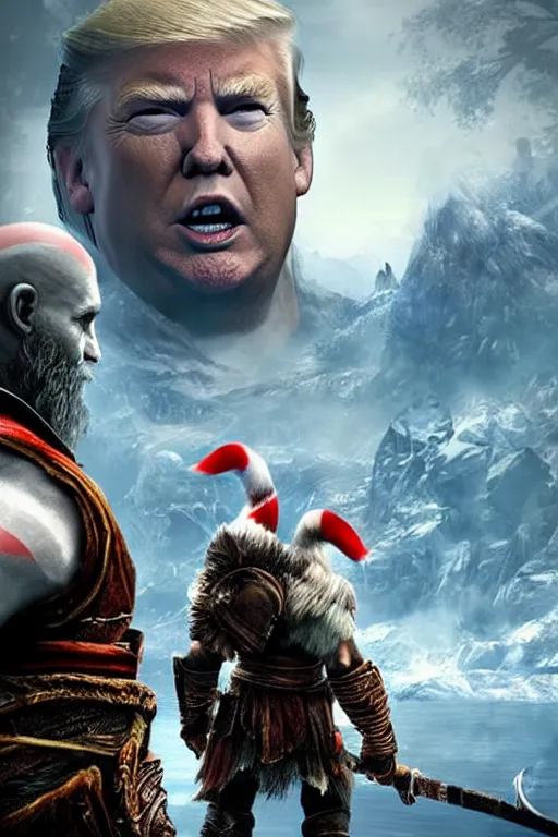 Image similar to Donald Trump in God of War 4, sigma male, rule of thirds, movie poster with no text, award winning photo, unreal engine