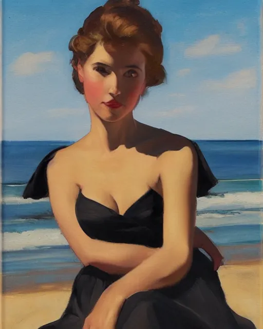 Prompt: woman sit on the beach in black dress, full body, leyendecker style, camera glare in oil style,