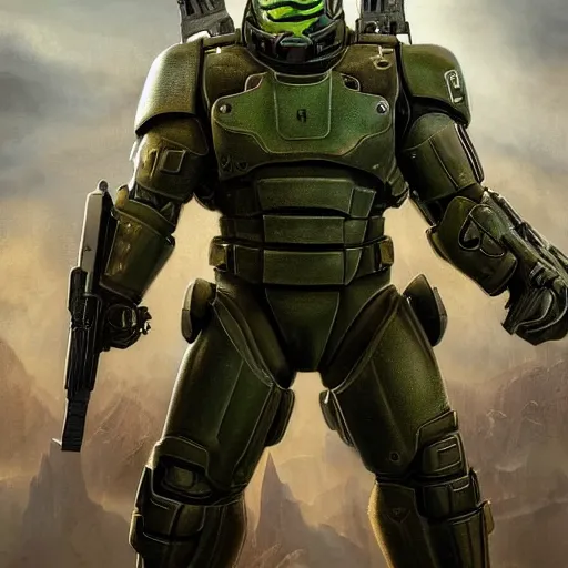 Image similar to Alan Ritchson as doomguy, artstation hall of fame gallery, editors choice, #1 digital painting of all time, most beautiful image ever created, emotionally evocative, greatest art ever made, lifetime achievement magnum opus masterpiece, the most amazing breathtaking image with the deepest message ever painted, a thing of beauty beyond imagination or words, 4k, highly detailed, cinematic lighting