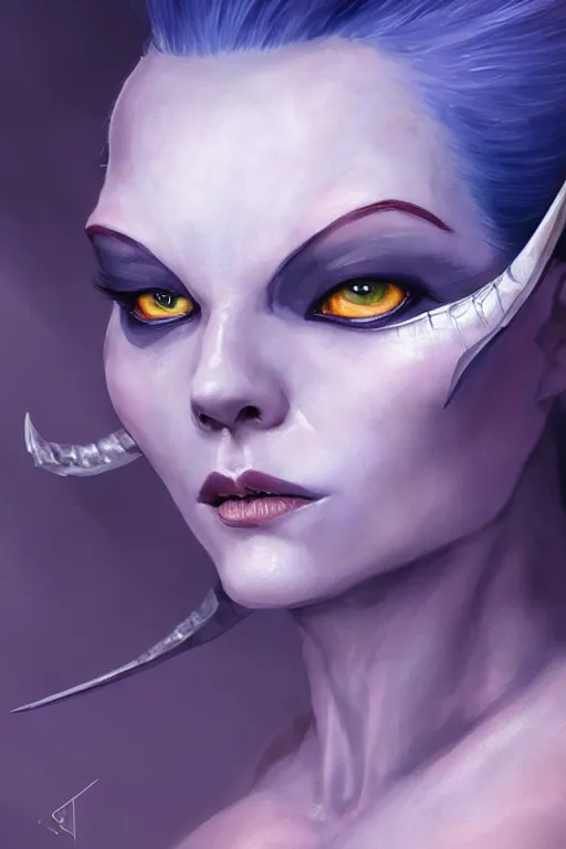 Image similar to shirley ann manson as a blue skinned tiefling, d & d, fantasy, portrait, highly detailed, headshot, digital painting, trending on artstation, concept art, sharp focus, illustration, art by artgerm and greg rutkowski and magali villeneuve