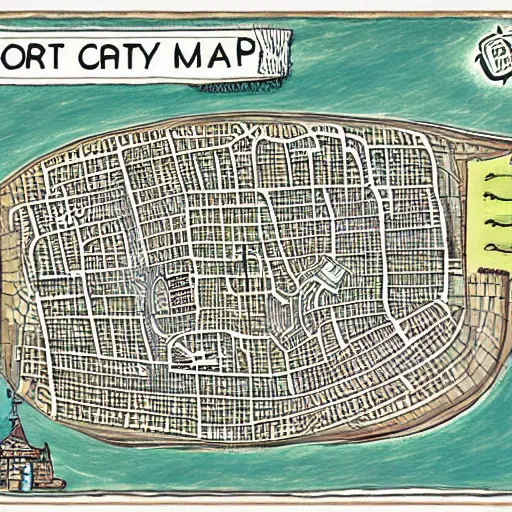 Prompt: hand drawn port city map, ancient