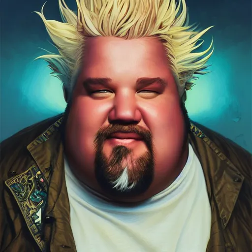 Image similar to Highly detailed portrait of fat Guy Fieri, Stephen Bliss, unreal engine, fantasy art by Greg Rutkowski, Loish, Rhads, ferdinand knab, Makoto Shinkai and Lois van baarle, ilya kuvshinov, rossdraws, Tom Bagshaw, alphonse mucha, global illumination, radiant light, detailed and intricate environment