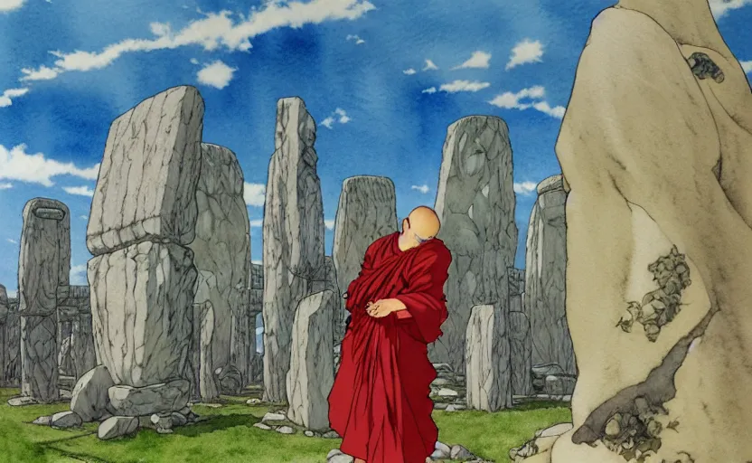 Image similar to a hyperrealist anime watercolor fantasy concept art of a giant monk with a big forehead and a grey robe swaying in stonehenge. in the background several immense stones are floating in the air. by rebecca guay, michael kaluta, charles vess