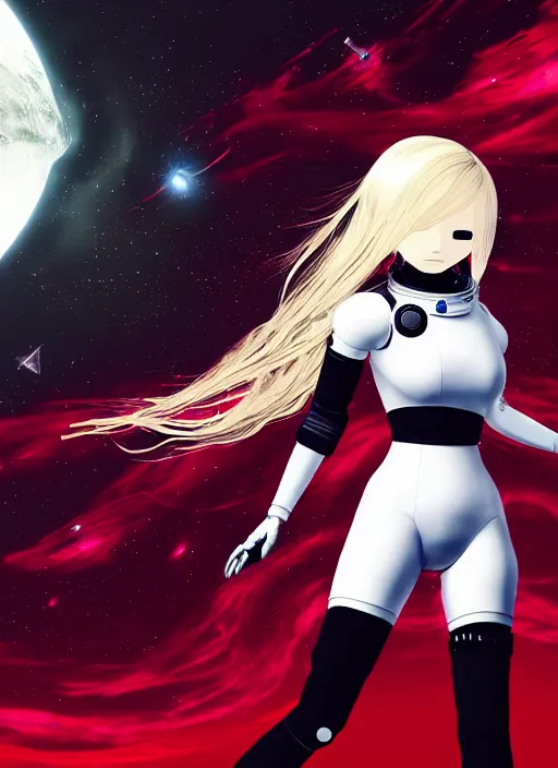 Prompt: highly detailed portrait of a hopeful pretty astronaut lady with a wavy blonde hair, by Banksy, 4k resolution, nier:automata inspired, bravely default inspired, vibrant but dreary but upflifting red, black and white color scheme!!! ((Space nebula background))