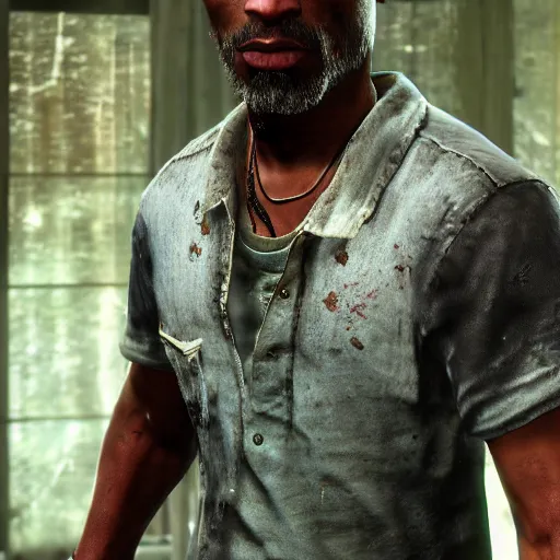 Image similar to high quality 8k screenshot of tupac shakur inThe Last Of Us, 8k full body model very rusty torn out texture